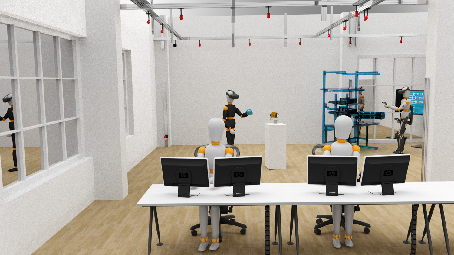 Virtuelles Modell mit mehreren menschenähnlichen Robotern in einem Raum arbeitend.
